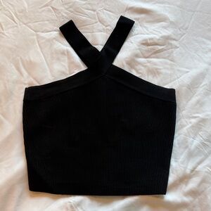 Aqua Crisscross Ribbed Black Crop Top - M